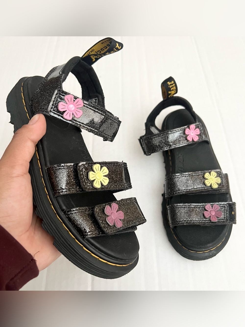 Dr. Martens | Klaire Glitter Pink & Yellow Flower Accents Sandals